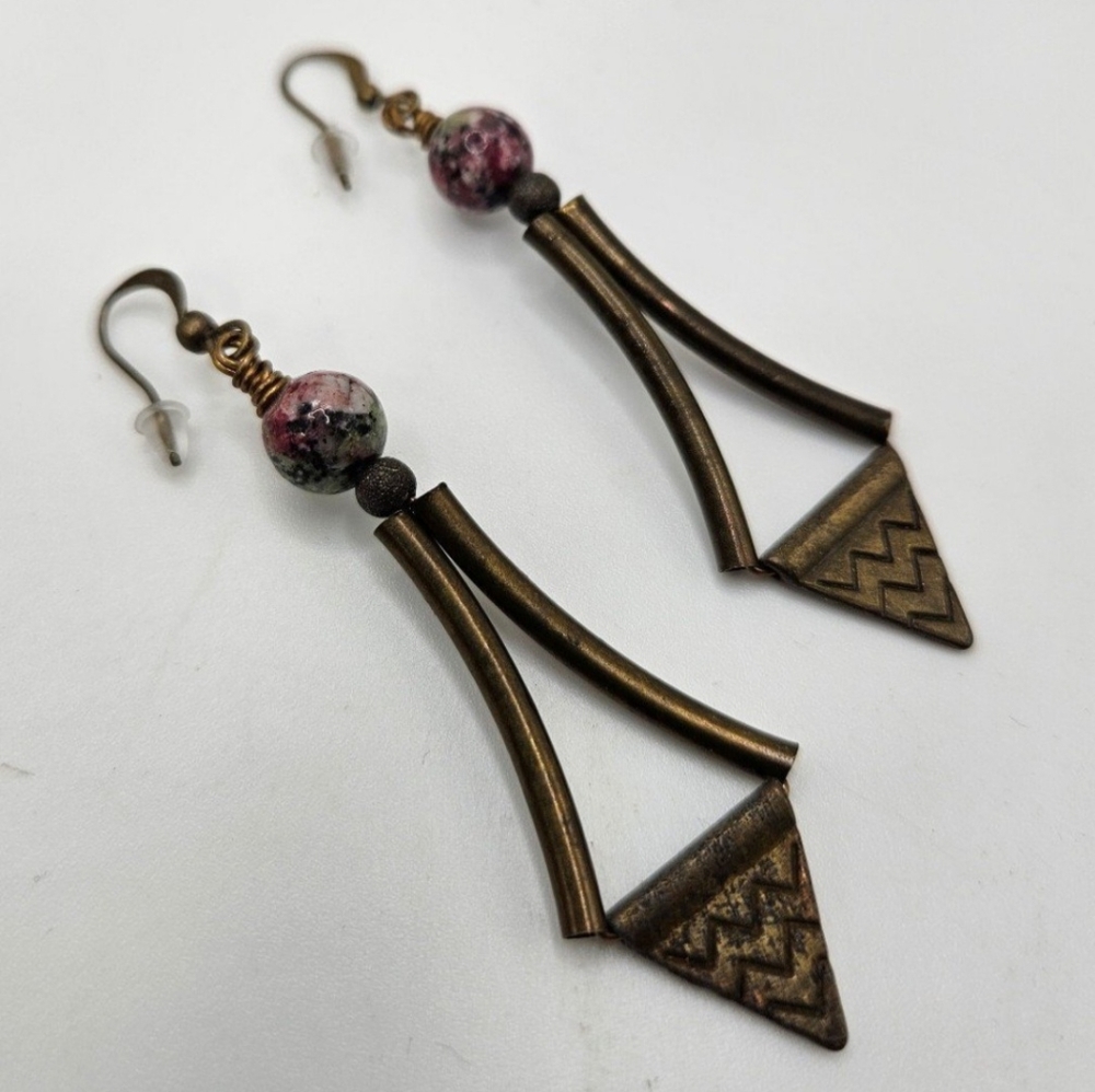 Tribal Bronze & Rhodonite Stone Earrings Boho